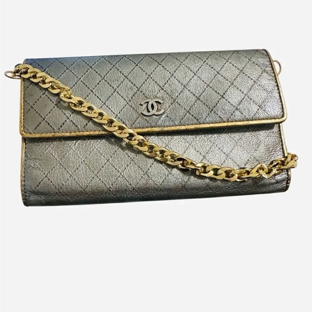 Chanel Metallic Gray Quilted Wallet